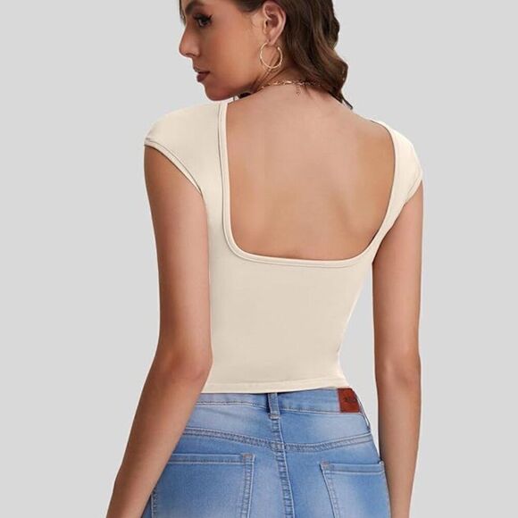 Apricot Womens Sexy Crop Top 2024 Summer Basic Short Sleeve T Shirts Backless - Picture 4 of 4